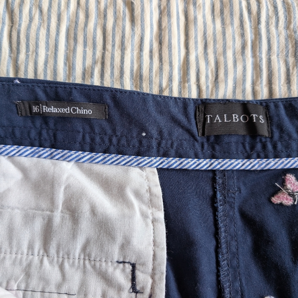 Talbot's Relaxed Chino Navy Butterfly Embroidered Pants - Picture 5 of 6